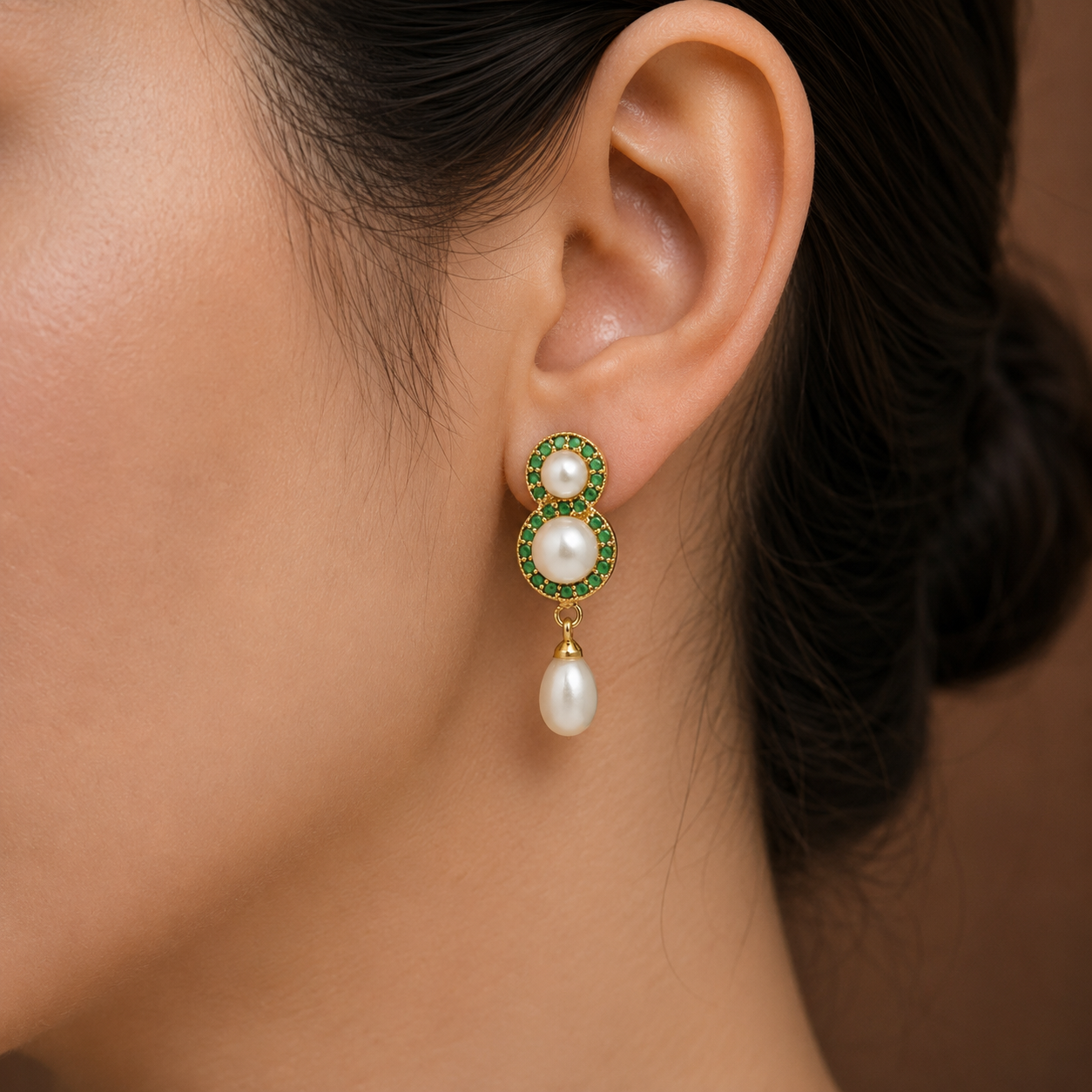 Yellow Gold Polish Mother of Pearl Hanging Drop Earrings in Gold | Pearl Earrings for Women | Krishna Pearls & Jewellers
