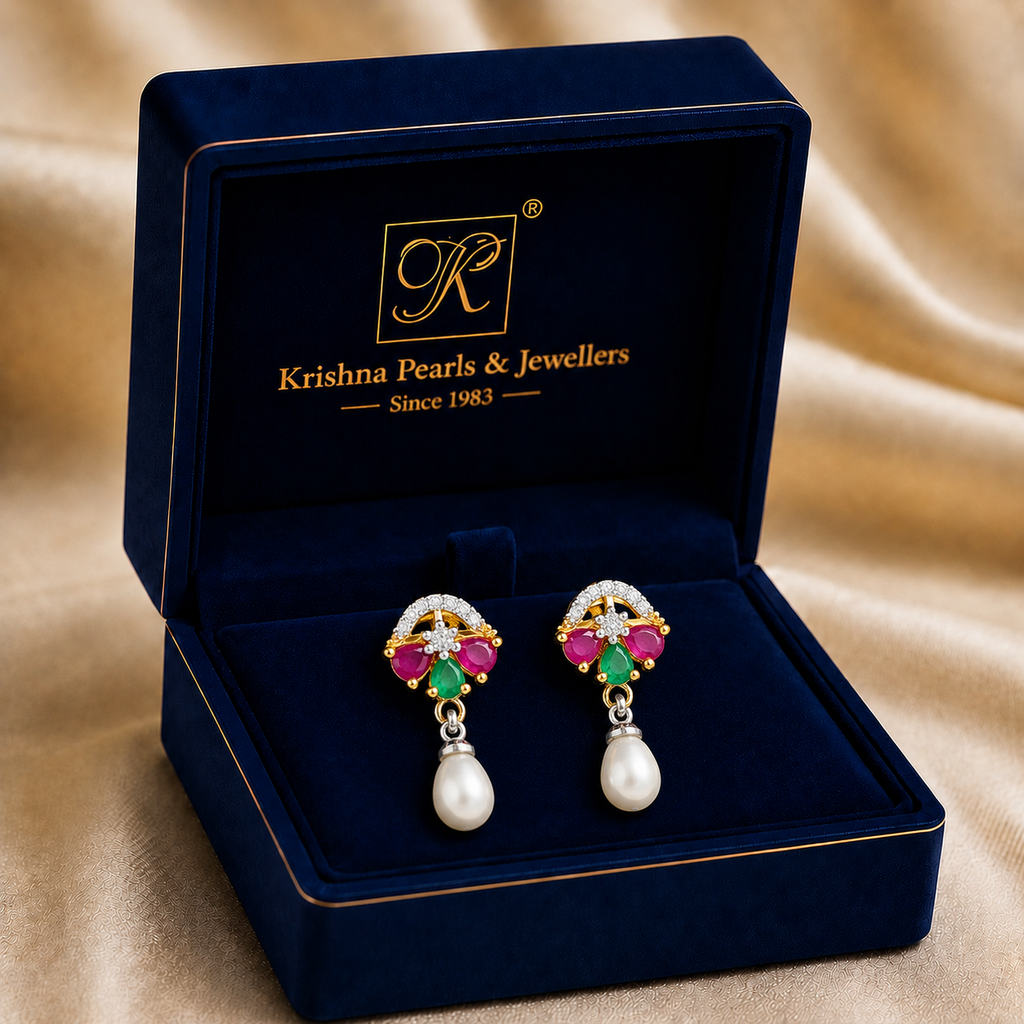 Yellow Gold Polish Freshwater Pearl with CZ & Multi Stone Stud Earrings in Gold | Pearl Earrings for Women | Krishna Pearls & Jewellers