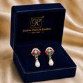 Yellow Gold Polish Freshwater Pearl with CZ & Multi Stone Stud Earrings in Gold | Pearl Earrings for Women | Krishna Pearls & Jewellers