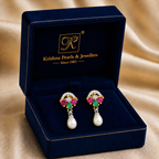 Yellow Gold Polish Freshwater Pearl with CZ & Multi Stone Stud Earrings in Gold | Pearl Earrings for Women | Krishna Pearls & Jewellers