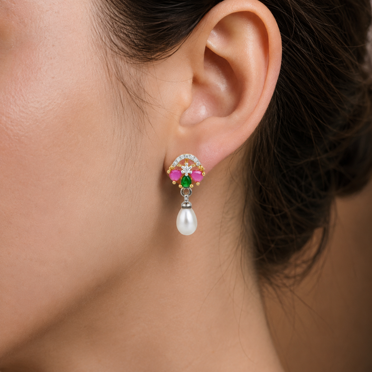 Yellow Gold Polish Freshwater Pearl with CZ & Multi Stone Stud Earrings in Gold | Pearl Earrings for Women | Krishna Pearls & Jewellers