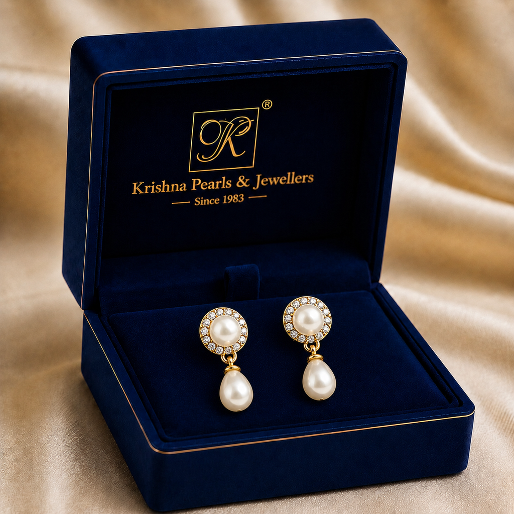 Stylish Freshwater Pearl & CZ Drop Earrings in Gold | Pearl Earrings for Women | Krishna Pearls & Jewellers