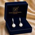 Royal White Polish Freshwater Pearl & CZ Drop Earrings in Silver Tone — Style AT-214 | Pearl Earrings for Women | Krishna Pearls & Jewellers
