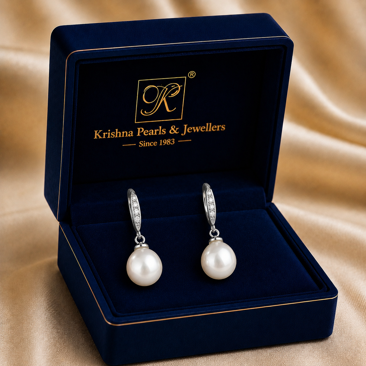 Royal White Polish Freshwater Pearl & CZ Drop Earrings in Silver Tone — Style AT-214 | Pearl Earrings for Women | Krishna Pearls & Jewellers