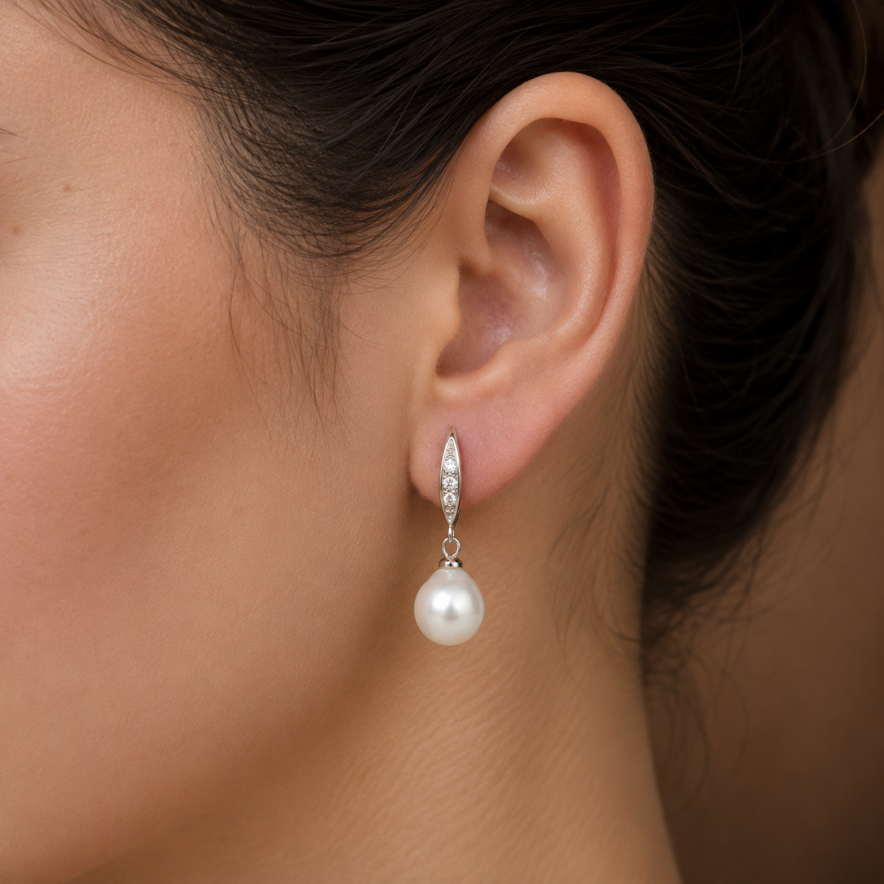Royal White Polish Freshwater Pearl & CZ Drop Earrings in Silver Tone — Style AT-214 | Pearl Earrings for Women | Krishna Pearls & Jewellers