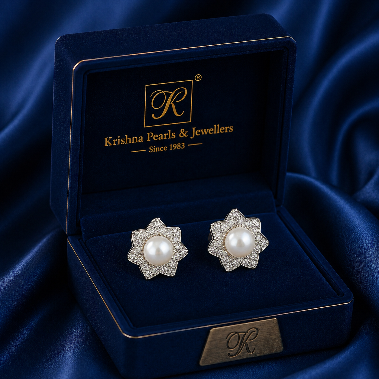 Regal White Polish Freshwater Pearl & CZ Stud Earrings in Silver Tone | Pearl Earrings for Women | Krishna Pearls & Jewellers