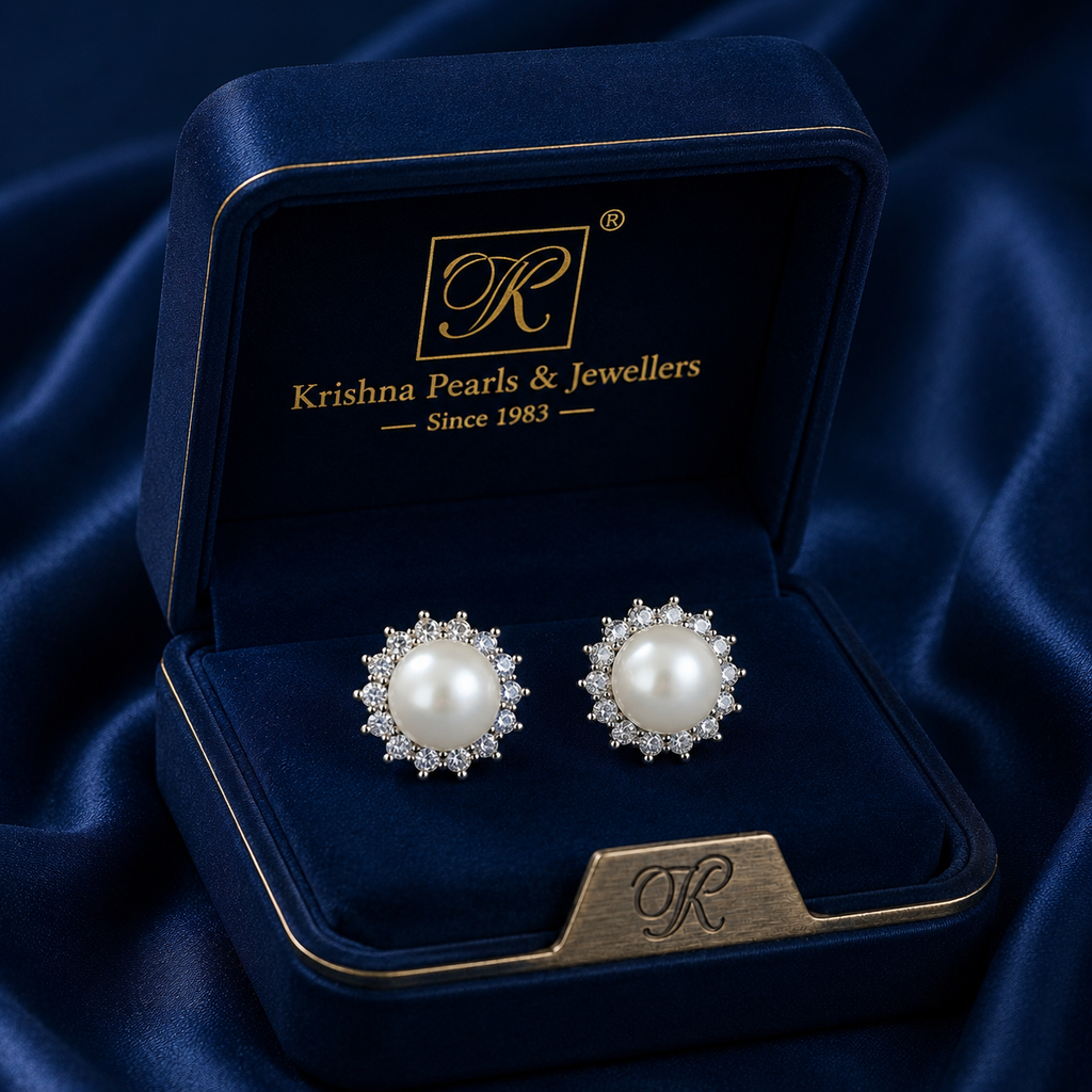 Royal White Polish Freshwater Pearl & CZ Stud Earrings in Silver Tone | Pearl Earrings for Women | Krishna Pearls & Jewellers