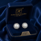 Royal White Polish Freshwater Pearl & CZ Stud Earrings in Silver Tone | Pearl Earrings for Women | Krishna Pearls & Jewellers