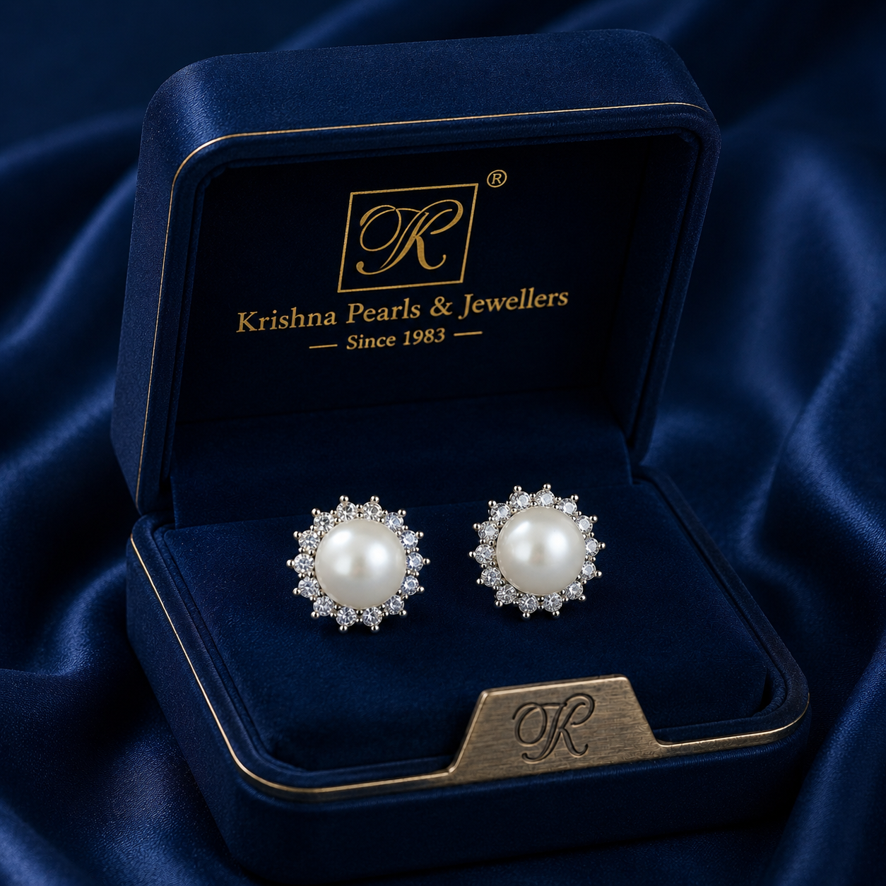 Royal White Polish Freshwater Pearl & CZ Stud Earrings in Silver Tone | Pearl Earrings for Women | Krishna Pearls & Jewellers
