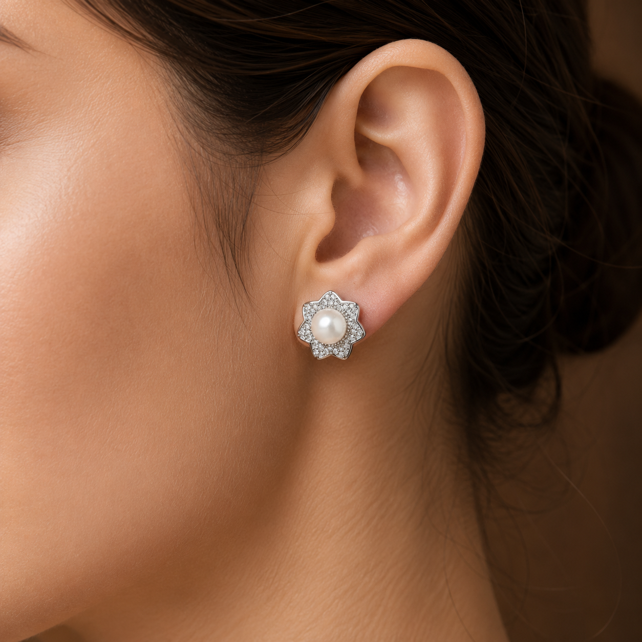 Royal White Polish Freshwater Pearl & CZ Stud Earrings in Silver Tone | Pearl Earrings for Women | Krishna Pearls & Jewellers