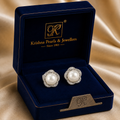 Bridal White Polish Freshwater Pearl & CZ Stud Earrings in Silver Tone | Pearl Earrings for Women | Krishna Pearls & Jewellers