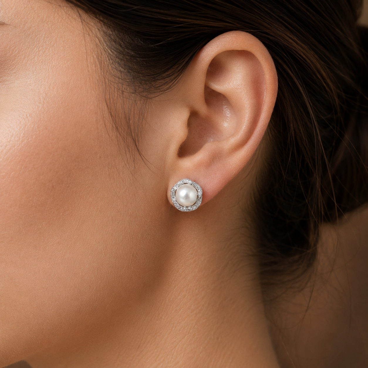 Bridal White Polish Freshwater Pearl & CZ Stud Earrings in Silver Tone | Pearl Earrings for Women | Krishna Pearls & Jewellers