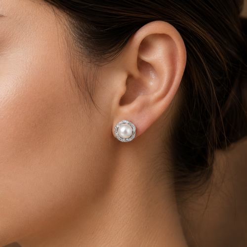 Bridal White Polish Freshwater Pearl & CZ Stud Earrings in Silver Tone | Pearl Earrings for Women | Krishna Pearls & Jewellers