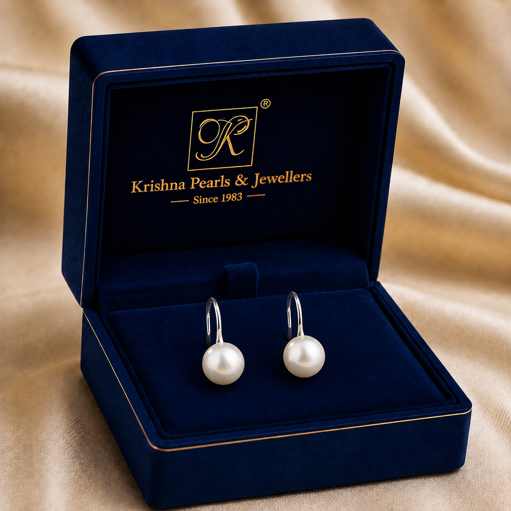 Contemporary White Polish Freshwater Pearl & CZ Stud Earrings in Silver Tone | Pearl Earrings for Women | Krishna Pearls & Jewellers