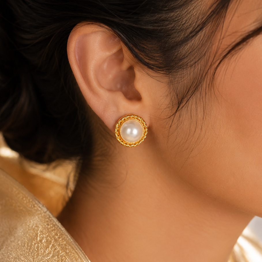 Braided Gold Pearl Stud Earrings | Krishna Pearls and Jewellers