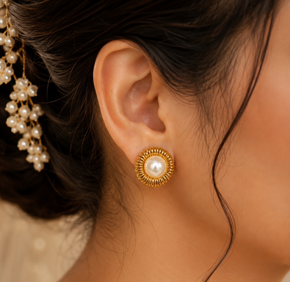 Golden Sunburst Pearl Stud Earrings | Krishna Pearls and Jewellers