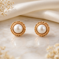 Elegant Pearl Stud Earrings with Intricate Gold-Tone Design - Krishna Pearls and Jewellers