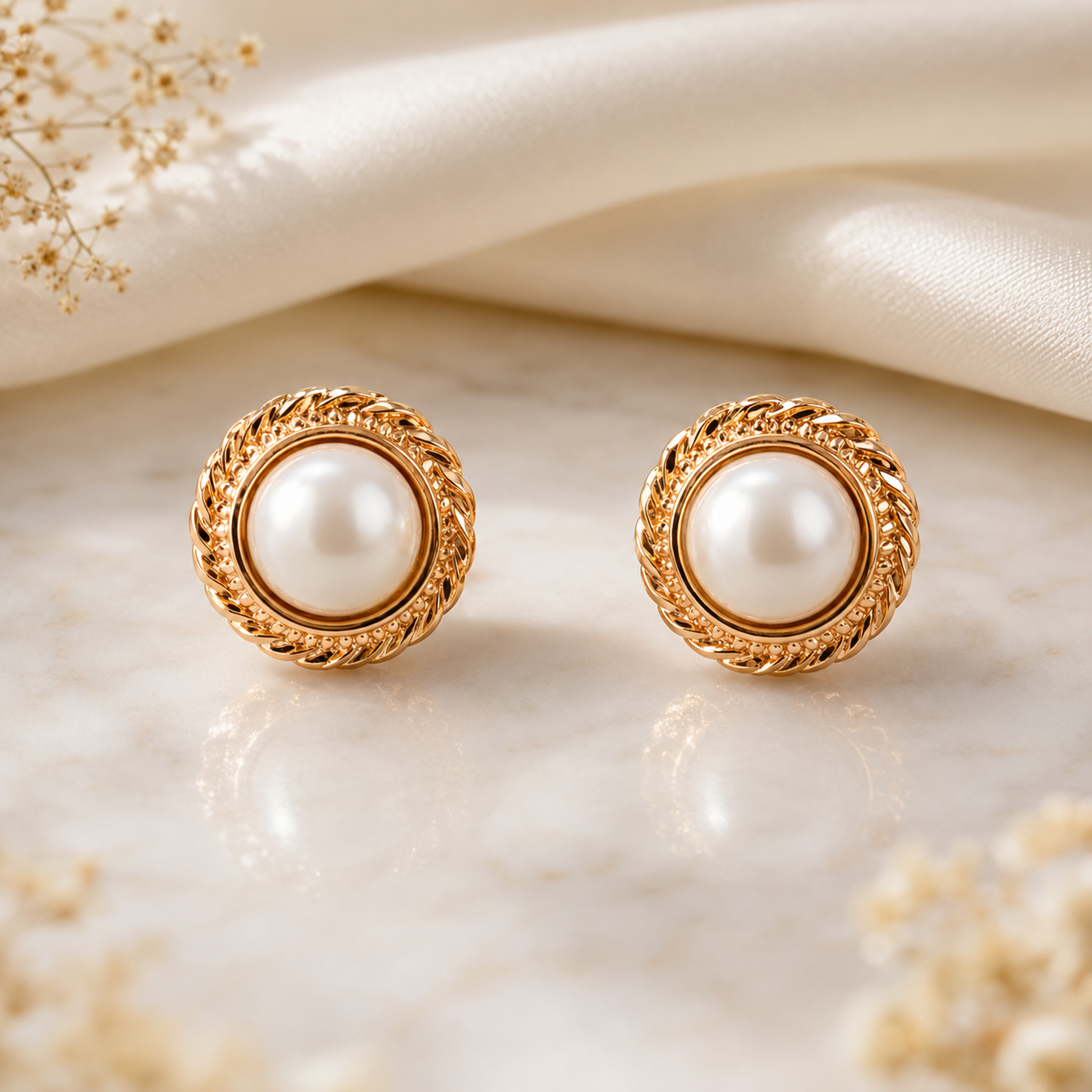 Elegant Pearl Stud Earrings with Intricate Gold-Tone Design - Krishna Pearls and Jewellers