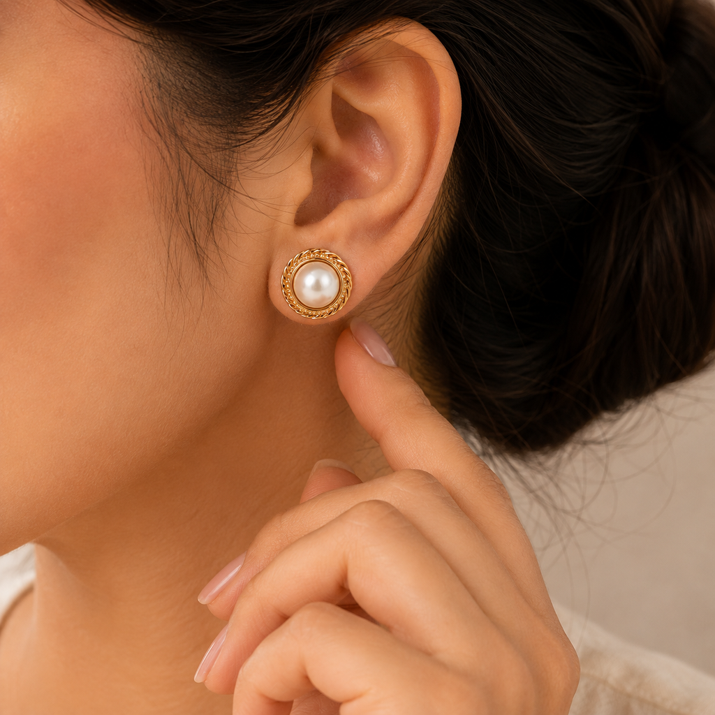 Elegant Pearl Stud Earrings with Intricate Gold-Tone Design - Krishna Pearls and Jewellers