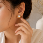 Elegant Pearl Stud Earrings with Gold-Tone Floral Setting - Krishna Pearls and Jewellers