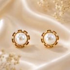 Elegant Pearl Stud Earrings with Gold-Tone Floral Setting - Krishna Pearls and Jewellers