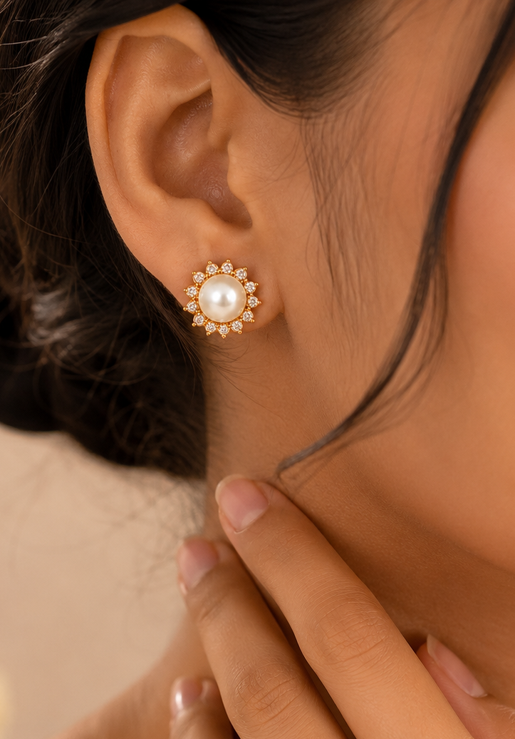 Elegant Pearl Stud Earrings with Gold-Tone Floral Setting | Krishna Pearls and Jewellers