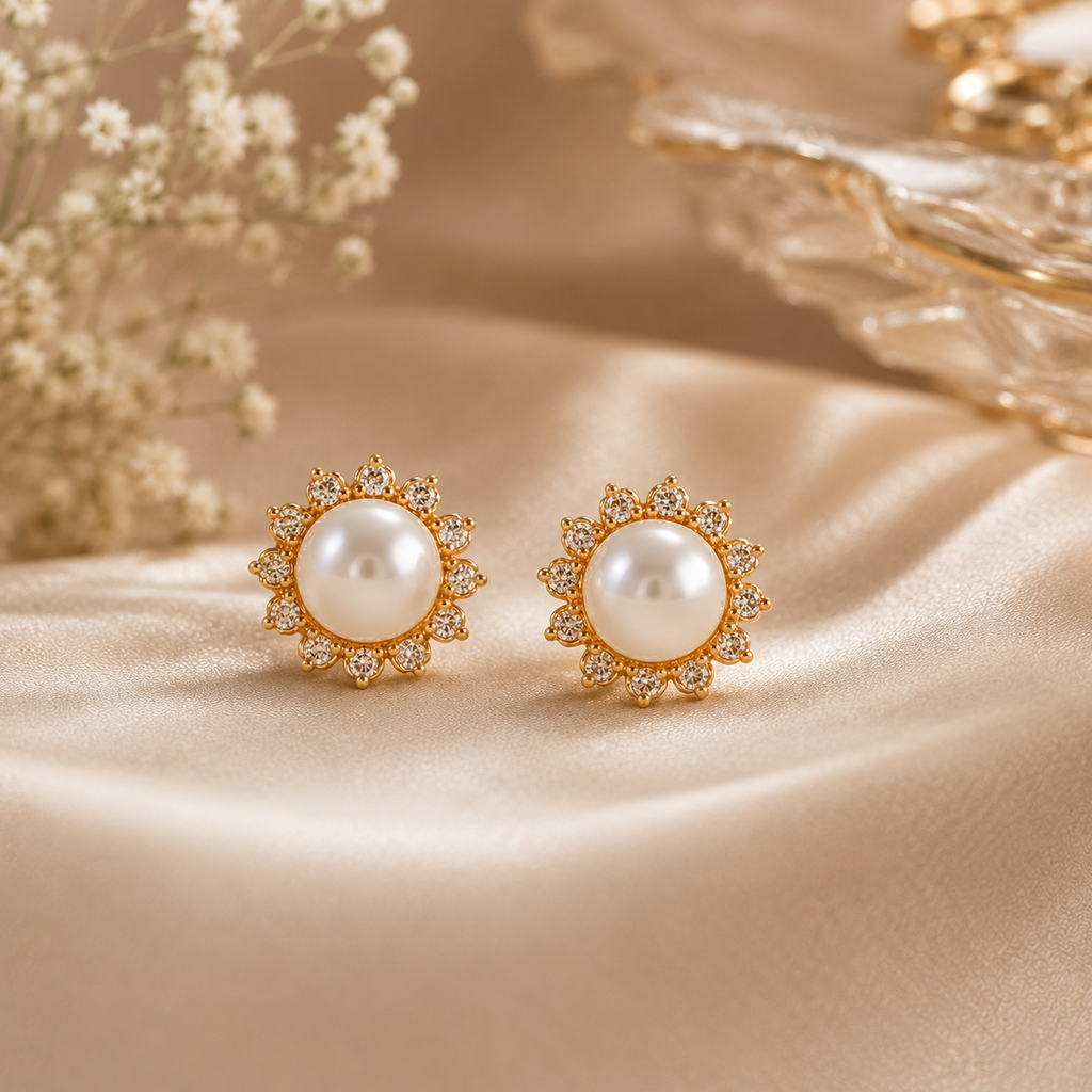 Elegant Pearl Stud Earrings with Gold-Tone Floral Setting | Krishna Pearls and Jewellers