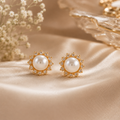 Elegant Pearl Stud Earrings with Gold-Tone Floral Setting | Krishna Pearls and Jewellers
