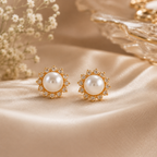 Elegant Pearl Stud Earrings with Gold-Tone Floral Setting | Krishna Pearls and Jewellers