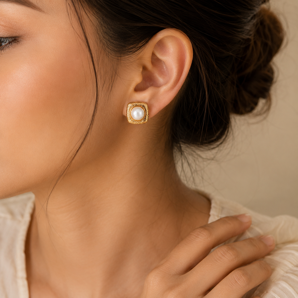 Elegant Pearl Stud Earrings with Textured Gold-Tone Square Setting - Krishna Pearls and Jewellers