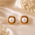 Elegant Pearl Stud Earrings with Textured Gold-Tone Square Setting - Krishna Pearls and Jewellers