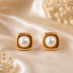 Elegant Pearl Stud Earrings with Textured Gold-Tone Square Setting - Krishna Pearls and Jewellers