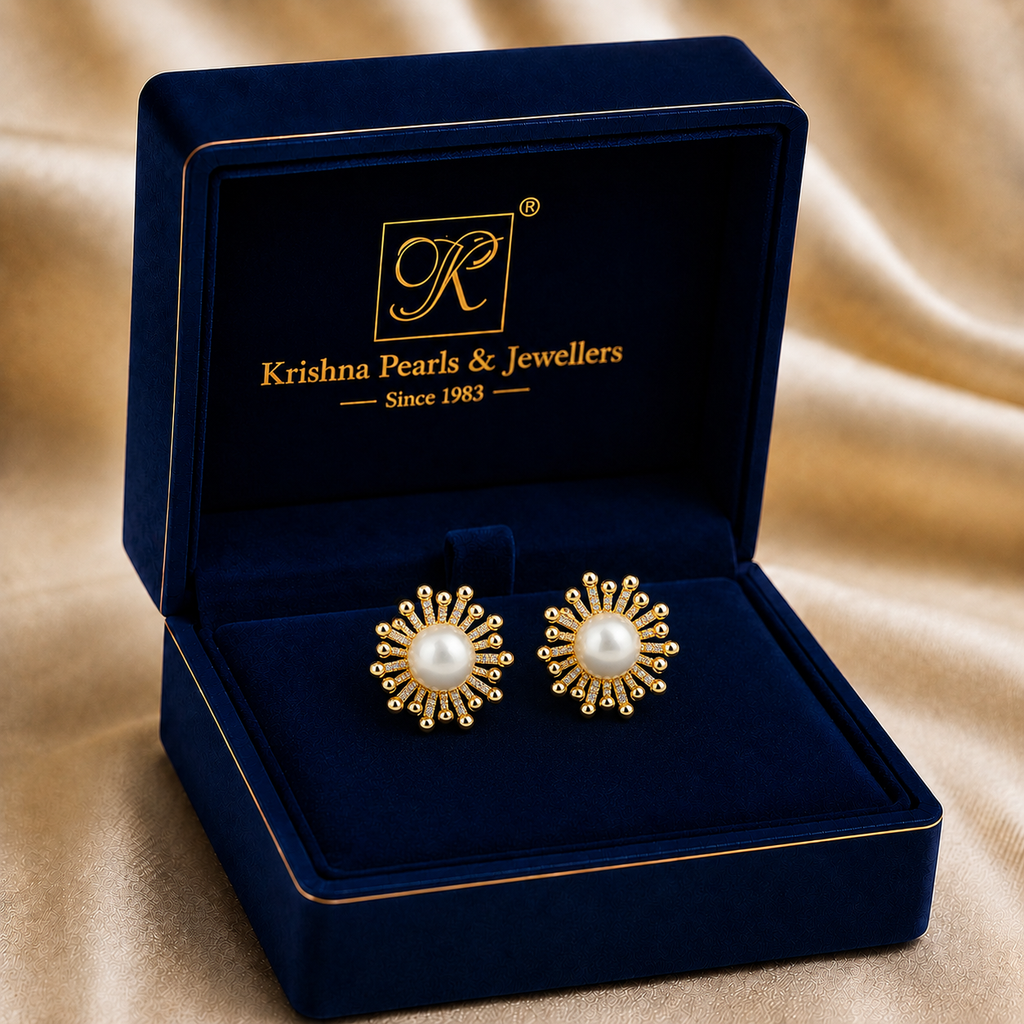 Floral Freshwater Pearl Stud Earrings in Gold | Pearl Earrings for Women | Krishna Pearls & Jewellers