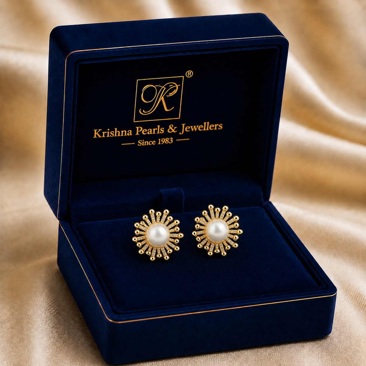 Floral Freshwater Pearl Stud Earrings in Gold | Pearl Earrings for Women | Krishna Pearls & Jewellers