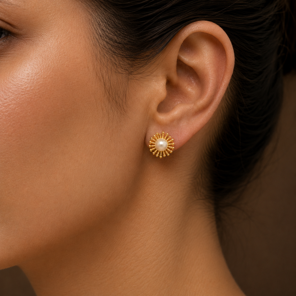 Floral Freshwater Pearl Stud Earrings in Gold | Pearl Earrings for Women | Krishna Pearls & Jewellers