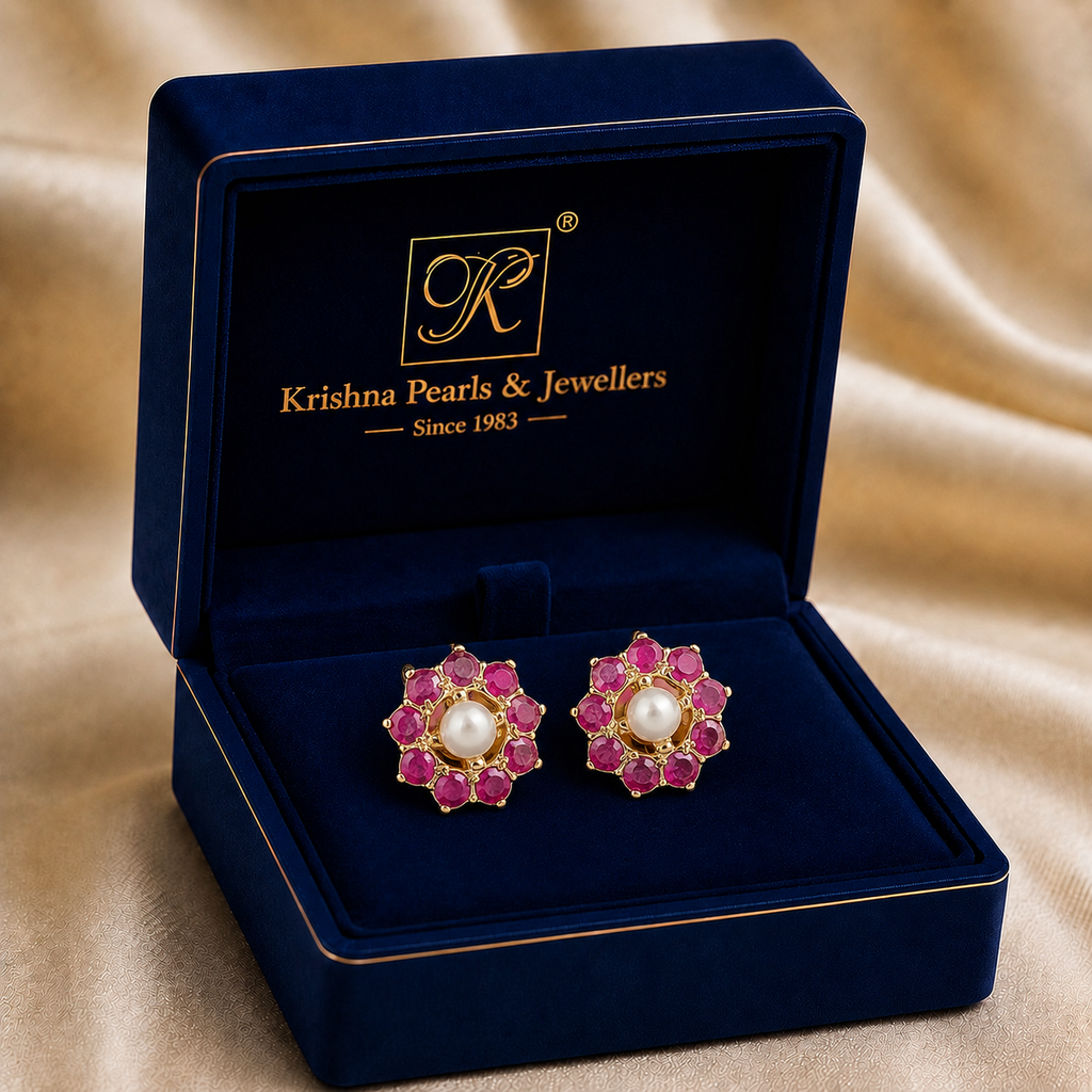Contemporary Freshwater Pearl with Red Stone Stud Earrings in Gold | Pearl Earrings for Women | Krishna Pearls & Jewellers
