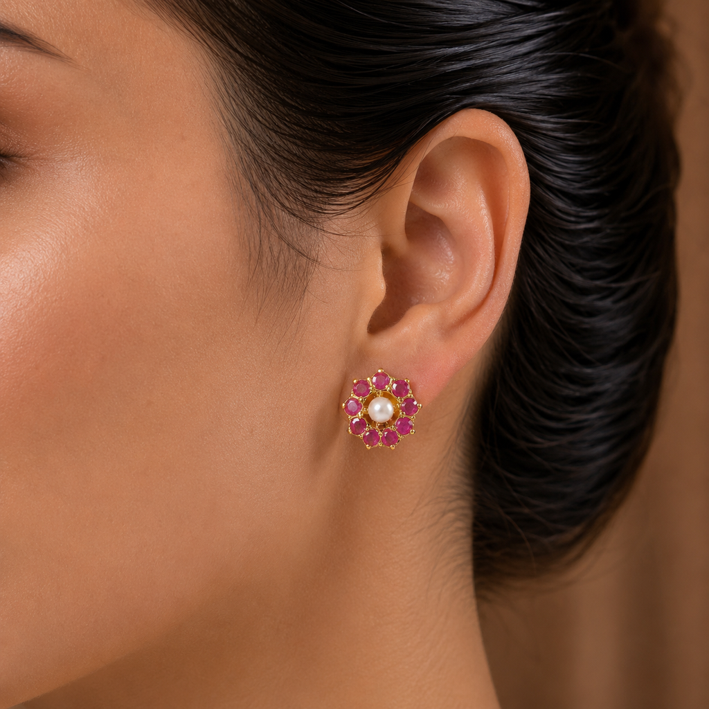 Contemporary Freshwater Pearl with Red Stone Stud Earrings in Gold | Pearl Earrings for Women | Krishna Pearls & Jewellers