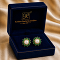 Yellow Gold Polish Freshwater Pearl with Green Stone Stud Earrings in Gold | Pearl Earrings for Women | Krishna Pearls & Jewellers
