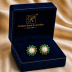 Yellow Gold Polish Freshwater Pearl with Green Stone Stud Earrings in Gold | Pearl Earrings for Women | Krishna Pearls & Jewellers