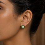 Yellow Gold Polish Freshwater Pearl with Green Stone Stud Earrings in Gold | Pearl Earrings for Women | Krishna Pearls & Jewellers