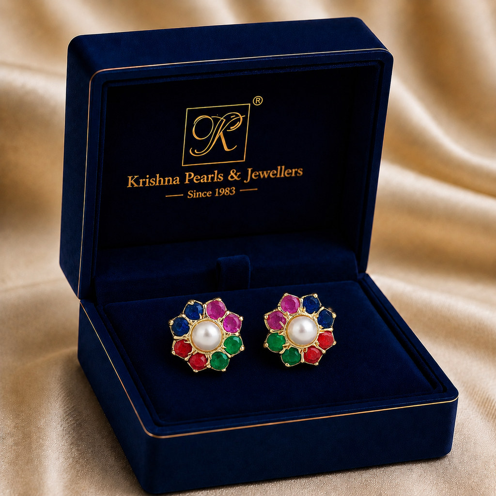 Stylish Freshwater Pearl with Multi Stone Stud Earrings in Gold | Pearl Earrings for Women | Krishna Pearls & Jewellers