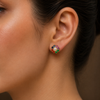 Stylish Freshwater Pearl with Multi Stone Stud Earrings in Gold | Pearl Earrings for Women | Krishna Pearls & Jewellers