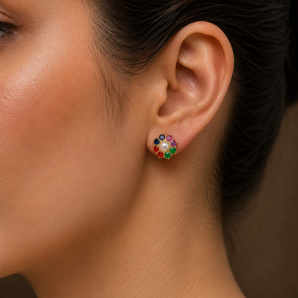 Stylish Freshwater Pearl with Multi Stone Stud Earrings in Gold | Pearl Earrings for Women | Krishna Pearls & Jewellers
