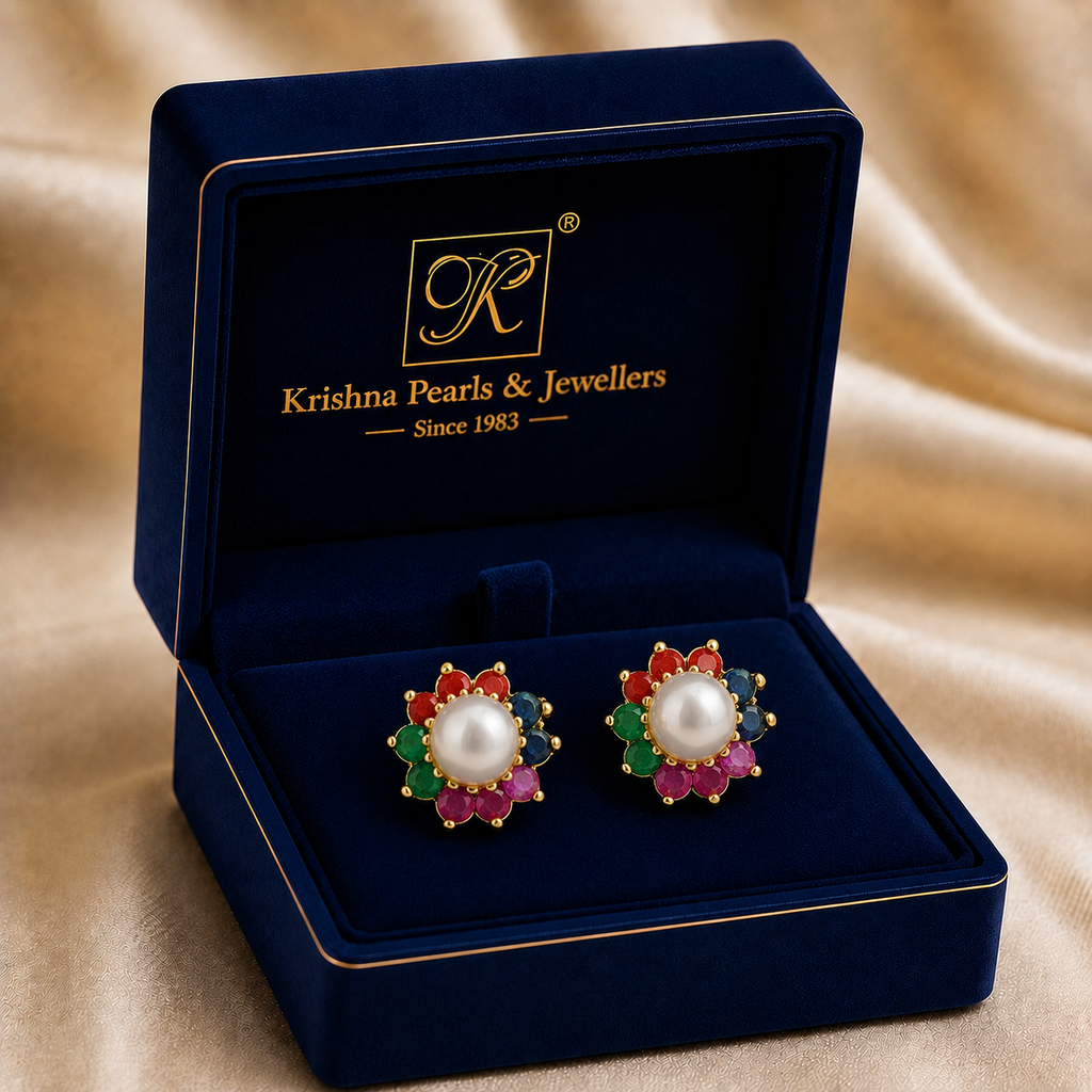 Contemporary Freshwater Pearl with Multi Stone Stud Earrings in Gold | Pearl Earrings for Women | Krishna Pearls & Jewellers