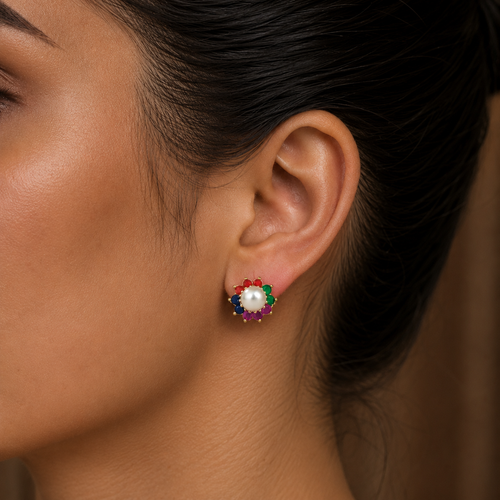 Contemporary Freshwater Pearl with Multi Stone Stud Earrings in Gold | Pearl Earrings for Women | Krishna Pearls & Jewellers