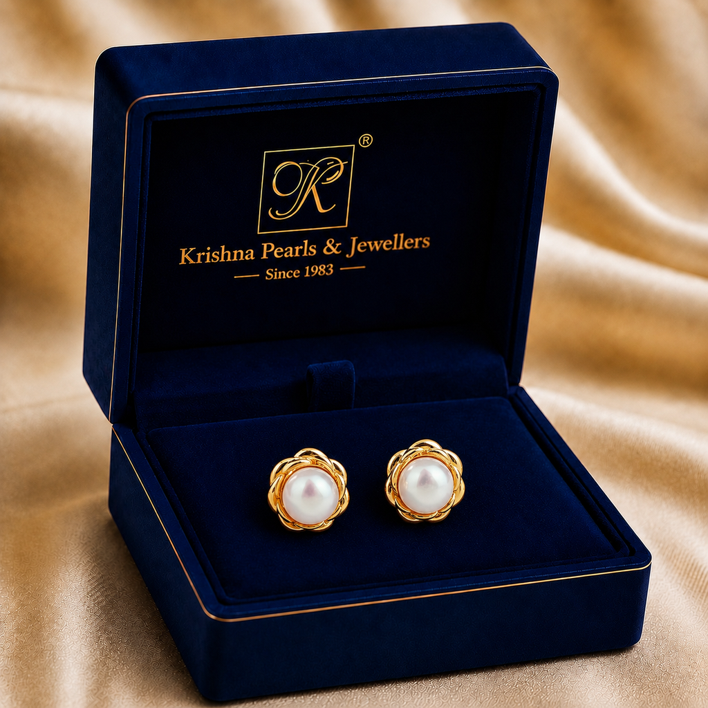 Minimalist Freshwater Pearl Stud Earrings in Gold | Pearl Earrings for Women | Krishna Pearls & Jewellers