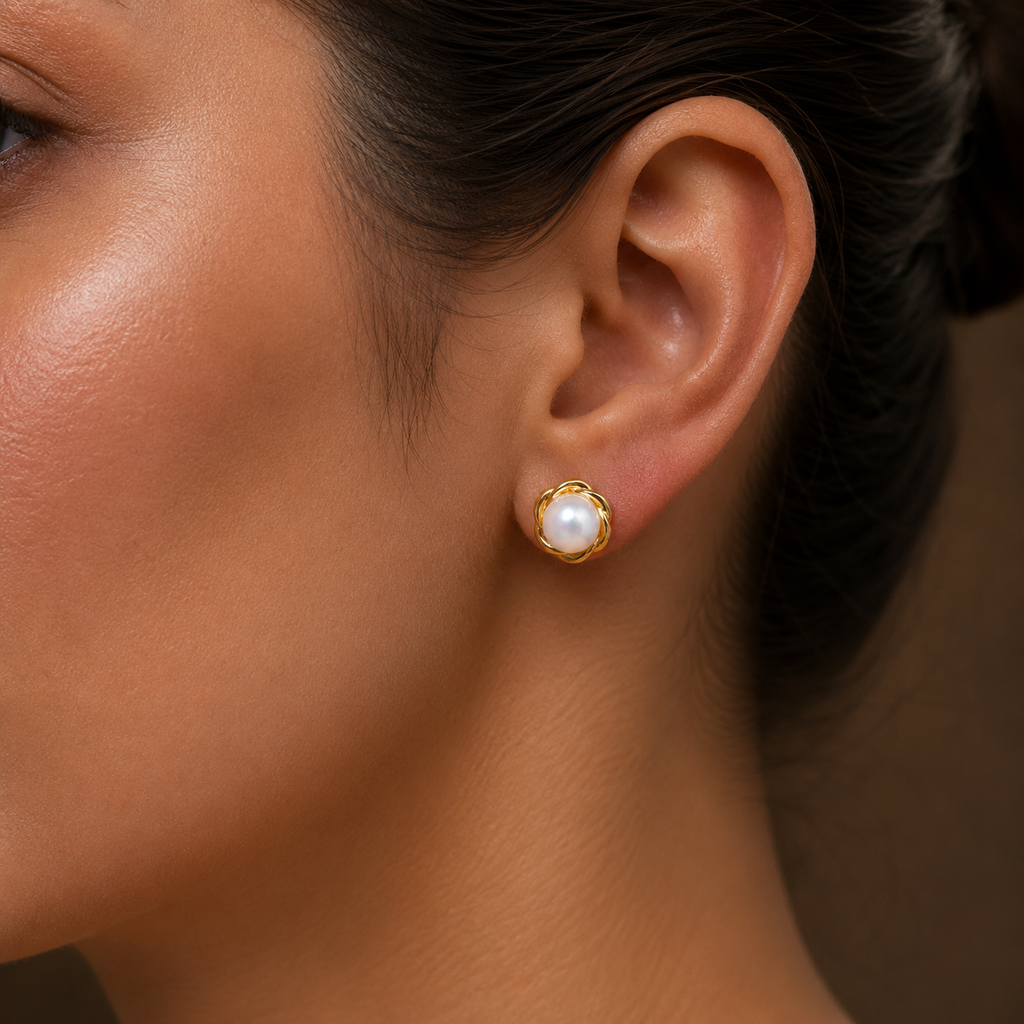 Minimalist Freshwater Pearl Stud Earrings in Gold | Pearl Earrings for Women | Krishna Pearls & Jewellers