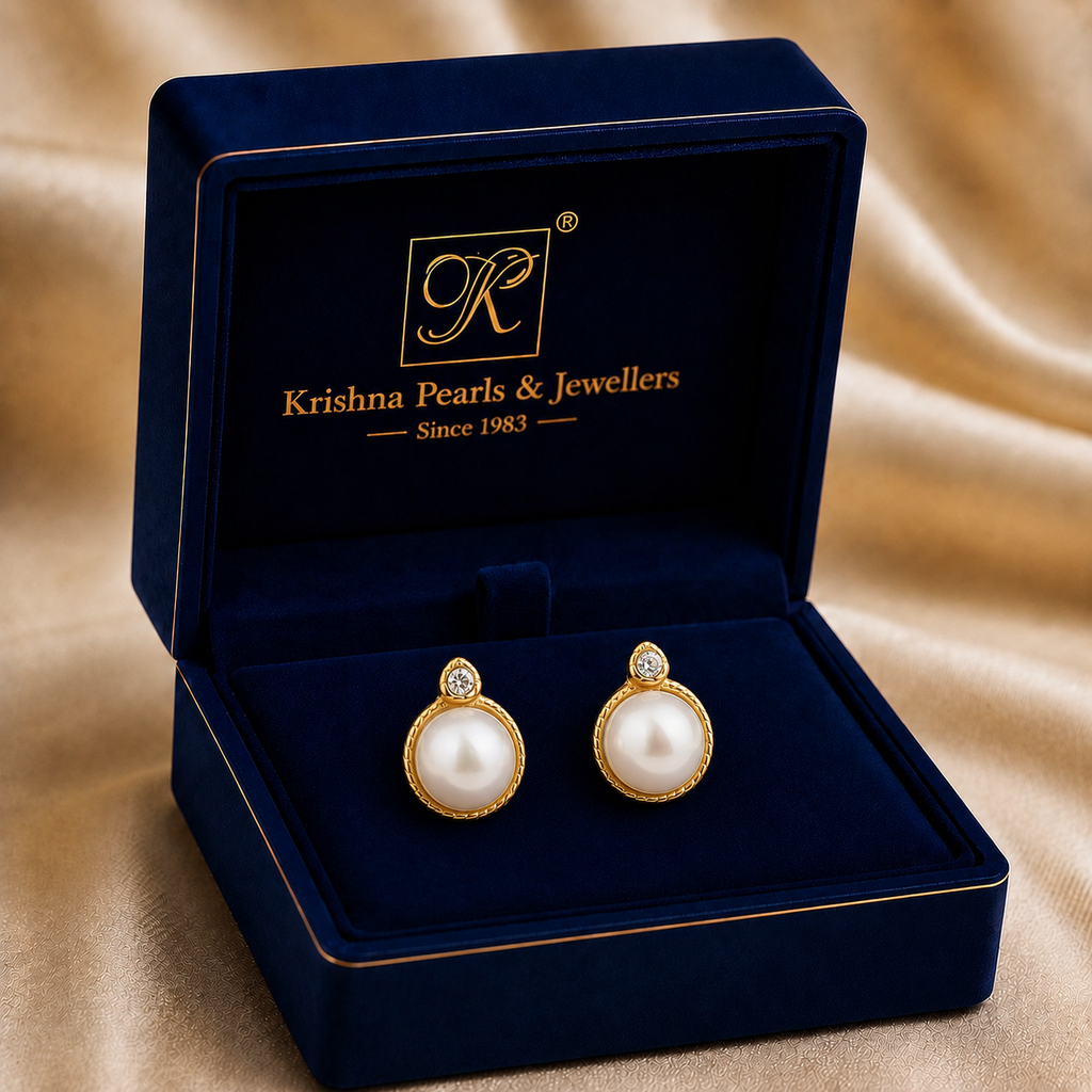 Timeless Freshwater Pearl & CZ Stud Earrings in Gold | Pearl Earrings for Women | Krishna Pearls & Jewellers