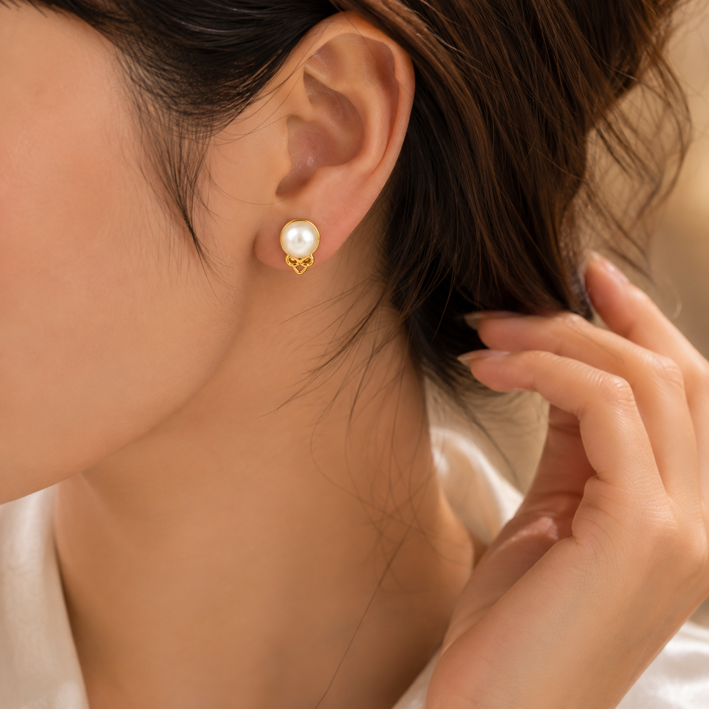Elegant Pearl Stud Earrings with Gold-Tone Floral Detail - Krishna Pearls and Jewellers