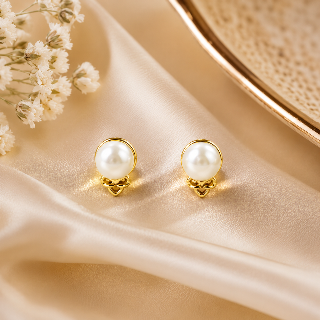 Elegant Pearl Stud Earrings with Gold-Tone Floral Detail - Krishna Pearls and Jewellers